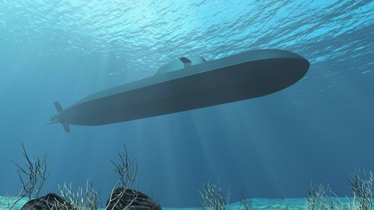 Animasjon av ubåt sett nedenfra under vann