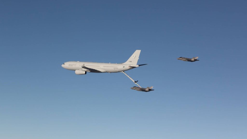 I 2021 gjennomførte for første gang F-35A lufttanking fra et Airbus A330 MRTT i den flernasjonale tankflåten. Foto: Forsvaret 