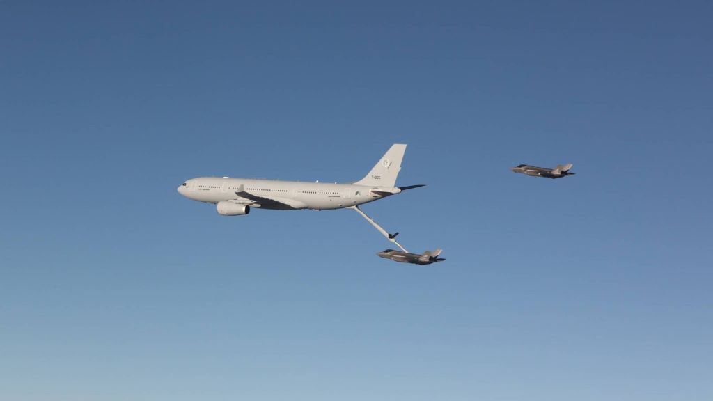 I 2021 gjennomførte for første gang F-35A lufttanking fra et Airbus A330 MRTT i den flernasjonale tankflåten. Foto: Forsvaret