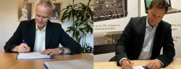 Fra venstre: Eiliv Ofigsbø, Direktør for IKT-kapasiteter i Forsvarsmateriell og Direktør Henning Linnebjerg i MilDef AS signerer kontrakt på tidsriktig måte på hvert sitt kontor. 