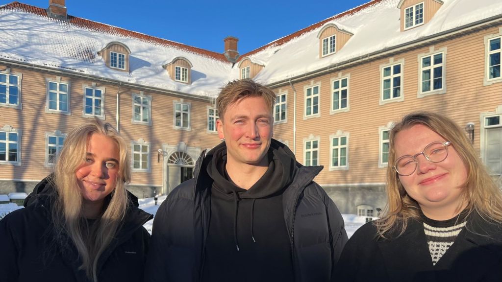 De tre masterstudentene Hanna Linnebo (23) (t.v.), Eirik Pettersen (26) og Marlene Sommer Aasen (25) trives og sier de lærer masse av å jobbe i Forsvarsmateriell. (Foto: Forsvarsmateriell)
