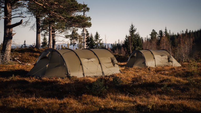 To grønne telt i en glenne i skogen